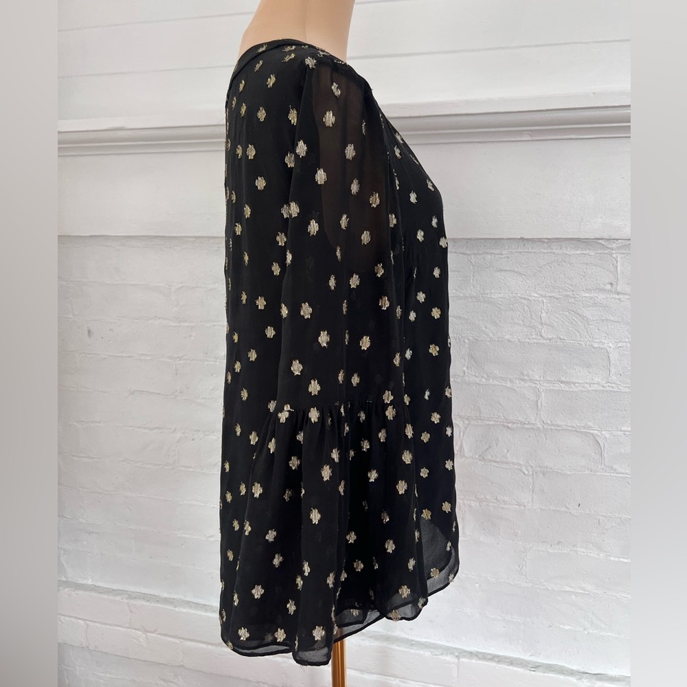 Lilly Pulitzer Amory Starry Silk Chiffon Blouse Black Gold Metallic Bell Sleeve - Picture 4 of 17